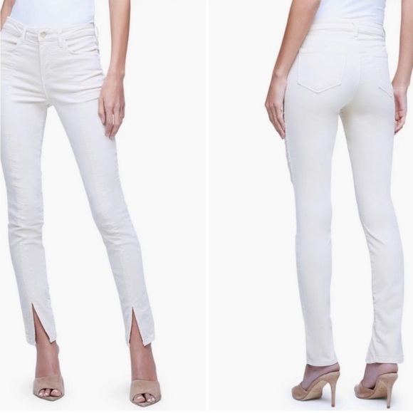 NWT L’Agence Jyothi Velvet Skinny Jeans Champagne Cream Crop Split Hem Sz 28